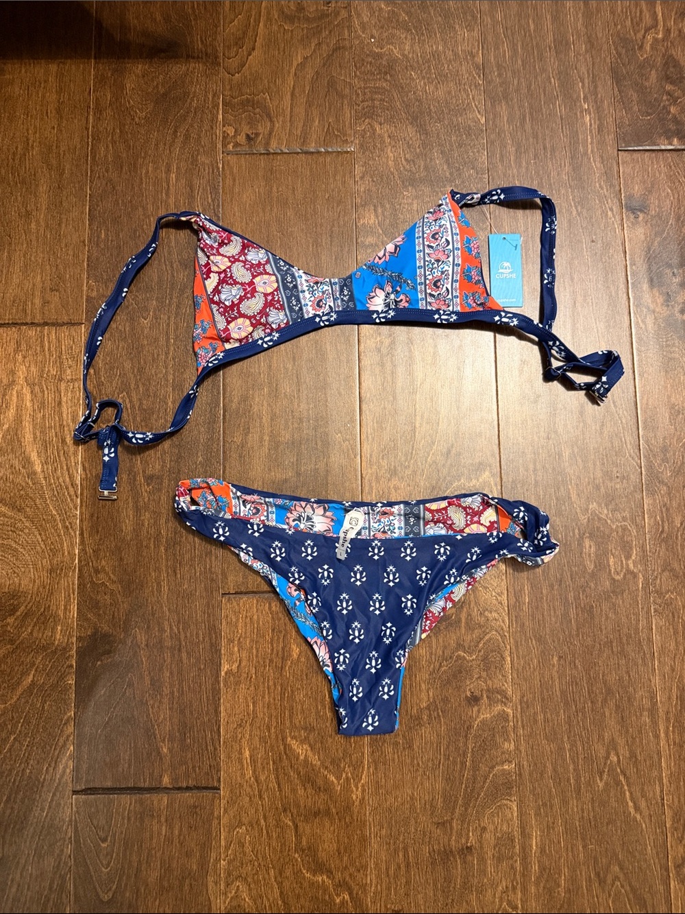 Cupshe Navy Blue Floral Patchwork Bikini Set